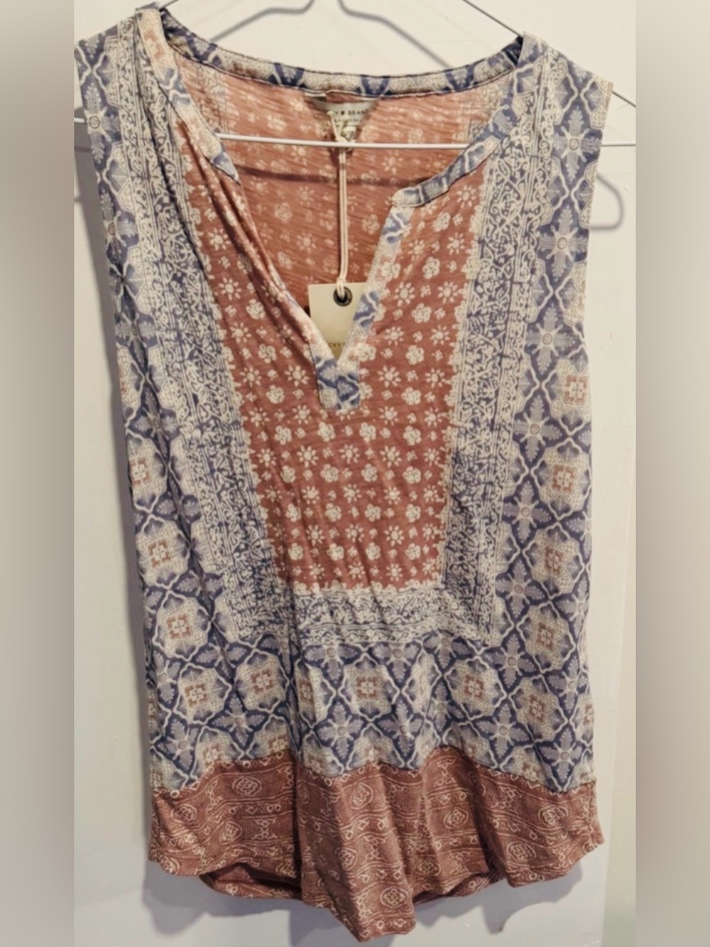 NWT Lucky Brand v neck print flowy tank top festival beach airy cotton modal XS